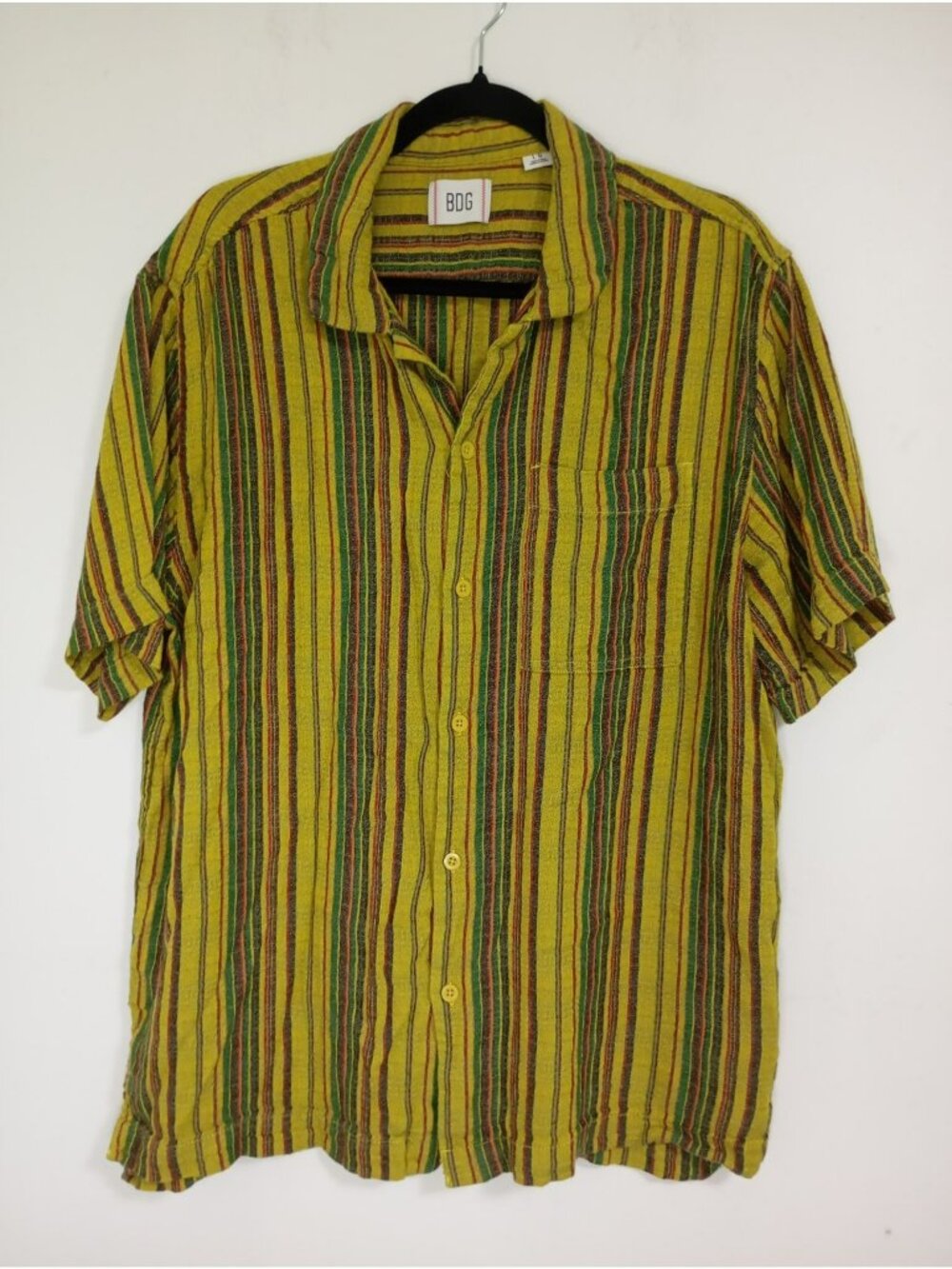 BDG Men Yellow Striped Button-Up Short-Sleeve Shirt Lightweight Cotton Blend L/G